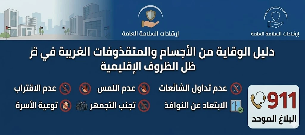 دليل الإجراءات الوقائية للتعامل مع الأجسام الغريبة والمسيرات في ظل التصعيد الإقليمي